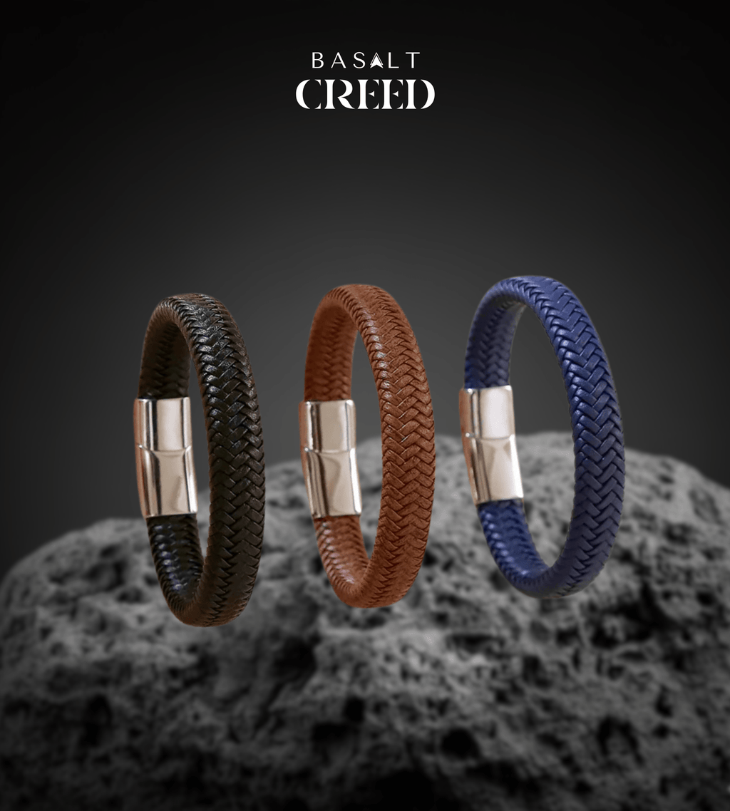Bracelet Cuir Tressé Premium - Fermoir Acier inoxydable - Basalt Creed