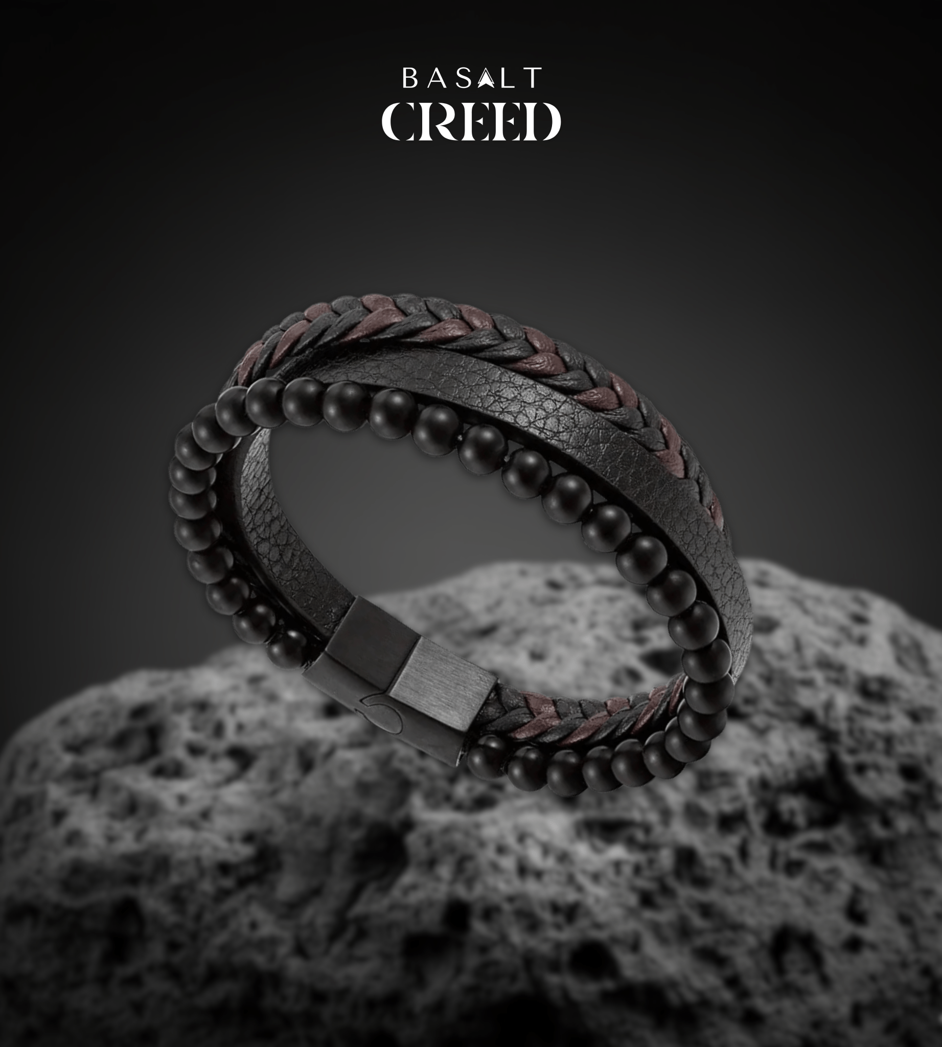 Bracelet Homme Cuir Noir et Perles - Basalt Creed