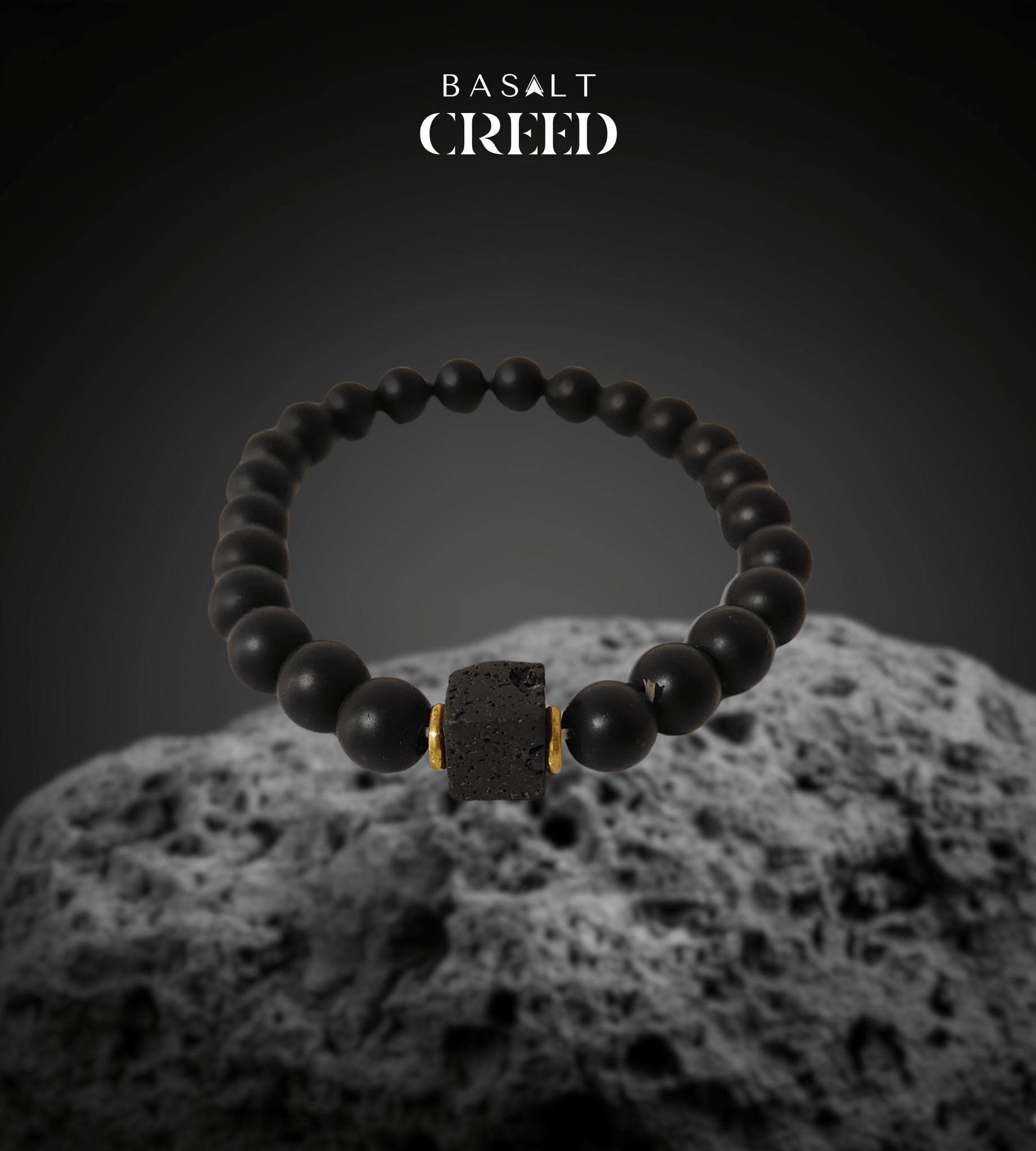 Bracelet Homme Perles & Pierre Volcanique Noire - Accent doré - Basalt Creed